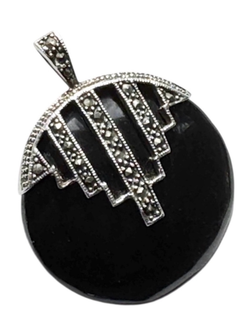 Sterling Silver Obsidian & Marcasite Art Deco  Style Domed Pendant